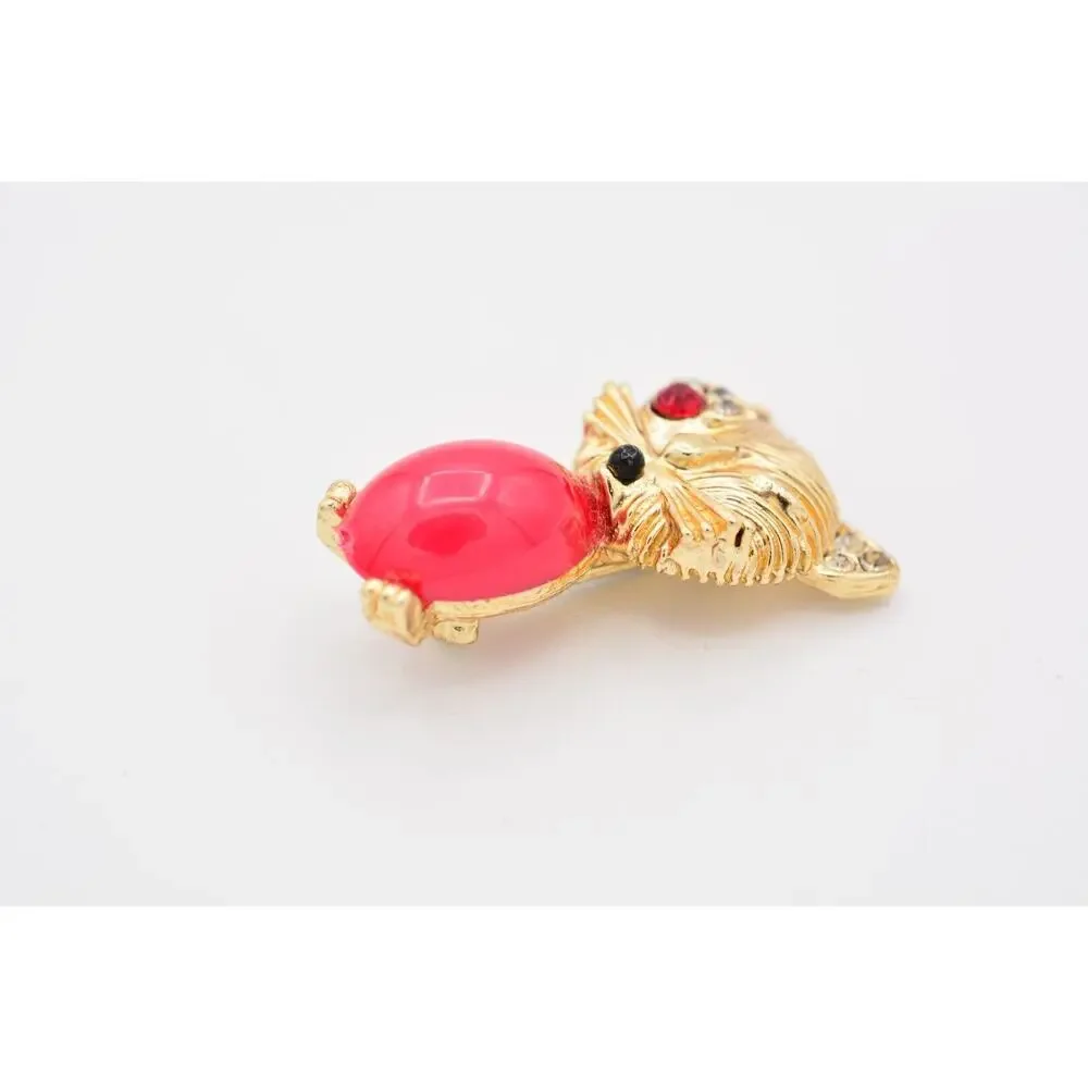 Vintage Winking Cat Pin Brooch Kissy Face Cabochon Crystal Gold 1980s BinATa